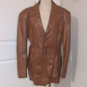 Vintage 70s Men's Belted Leather Boho Jacket Cognac Trench Coat Disco Fur SZ L